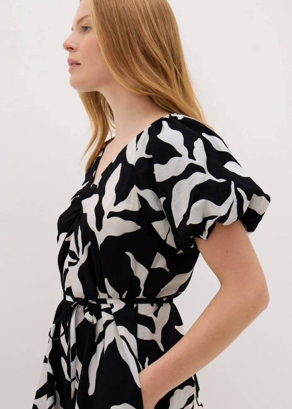 Black Monochrome Leaf Tie Waist Mini Dress.