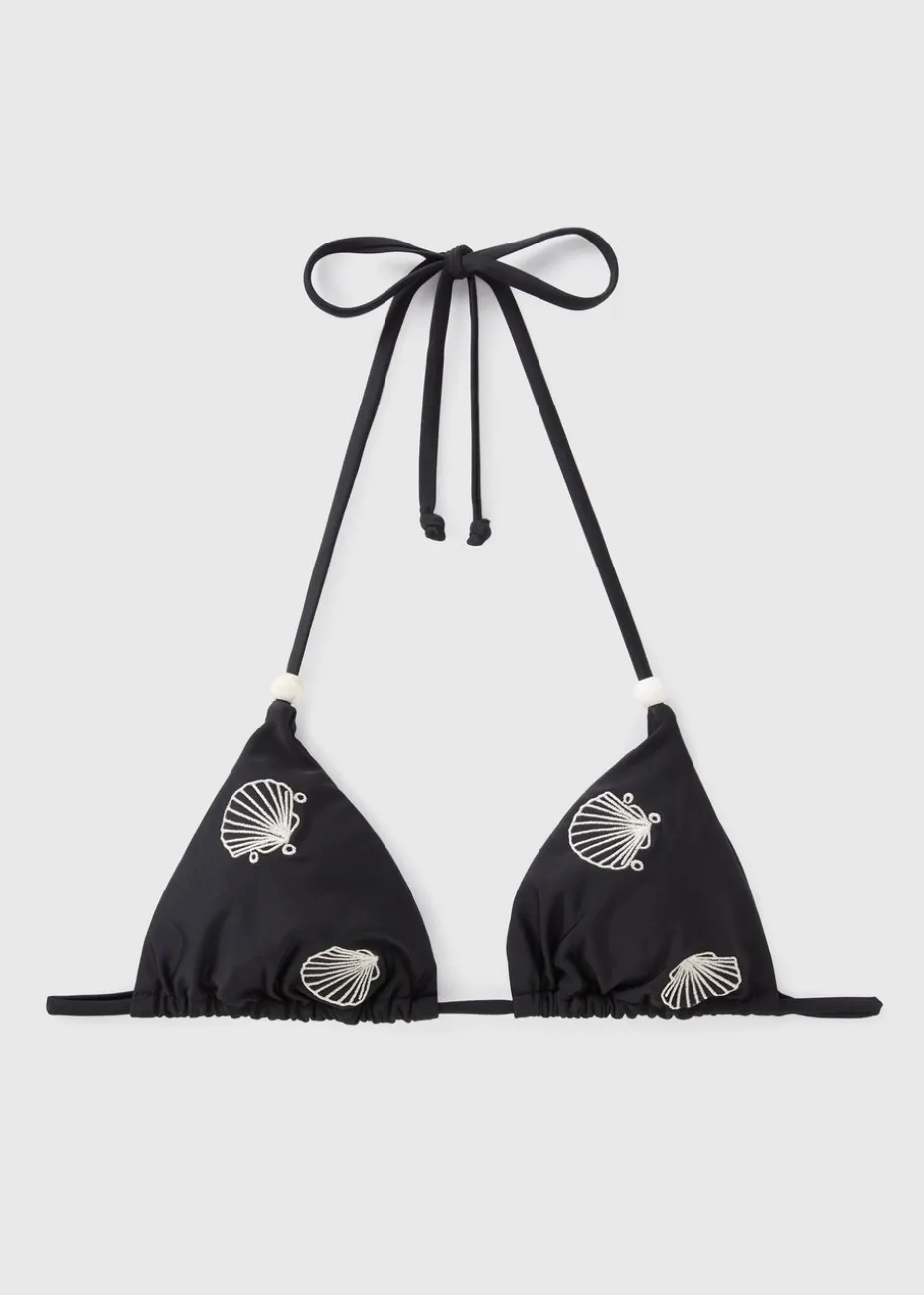 Black Shell Embroidered Triangle Bikini Top