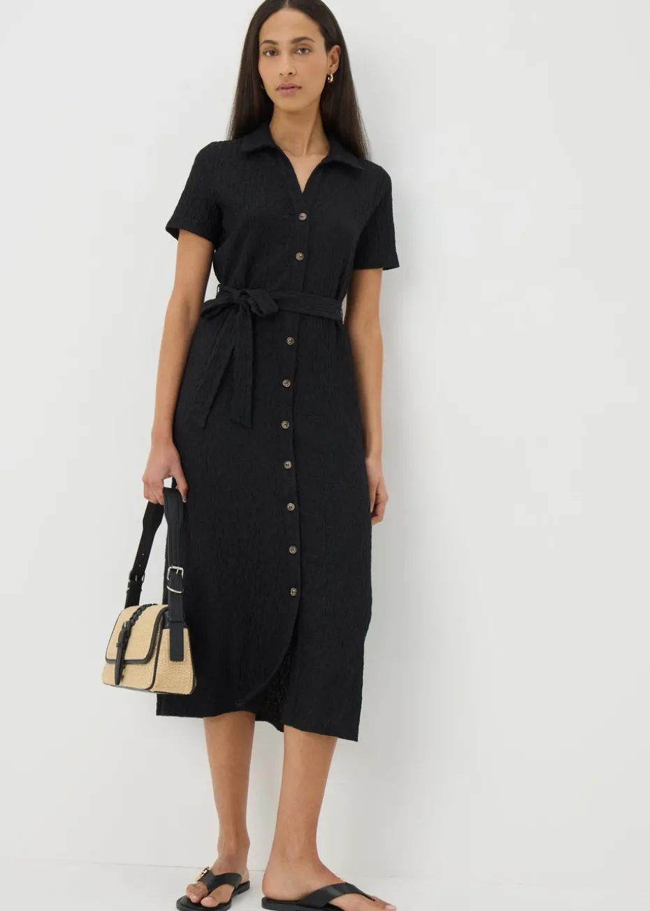 Black Textured Button Through Midi Dress