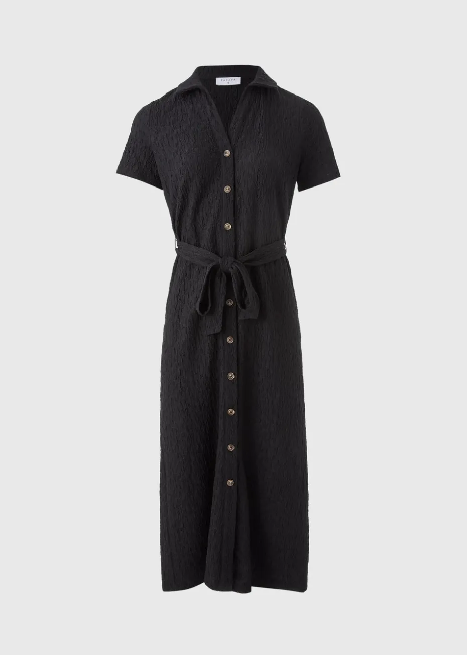 Black Textured Button Through Midi Dress