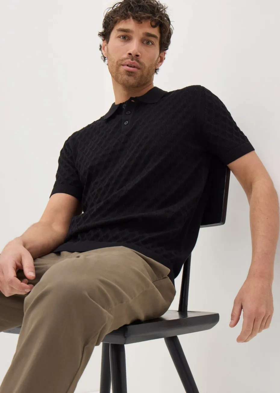 Black Textured Pointelle Polo Shirt