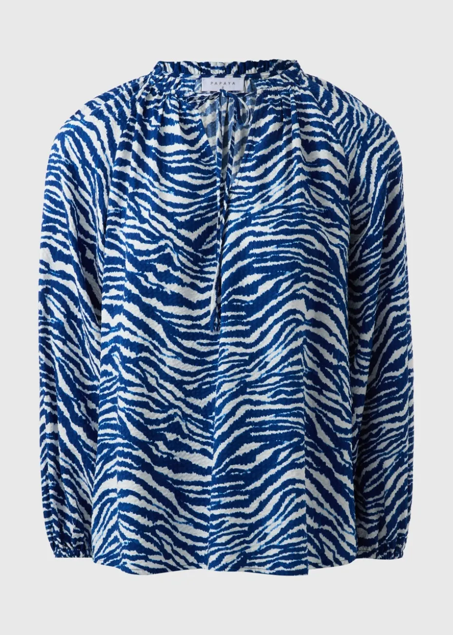 Blue Animal Print Tie Neck Blouse