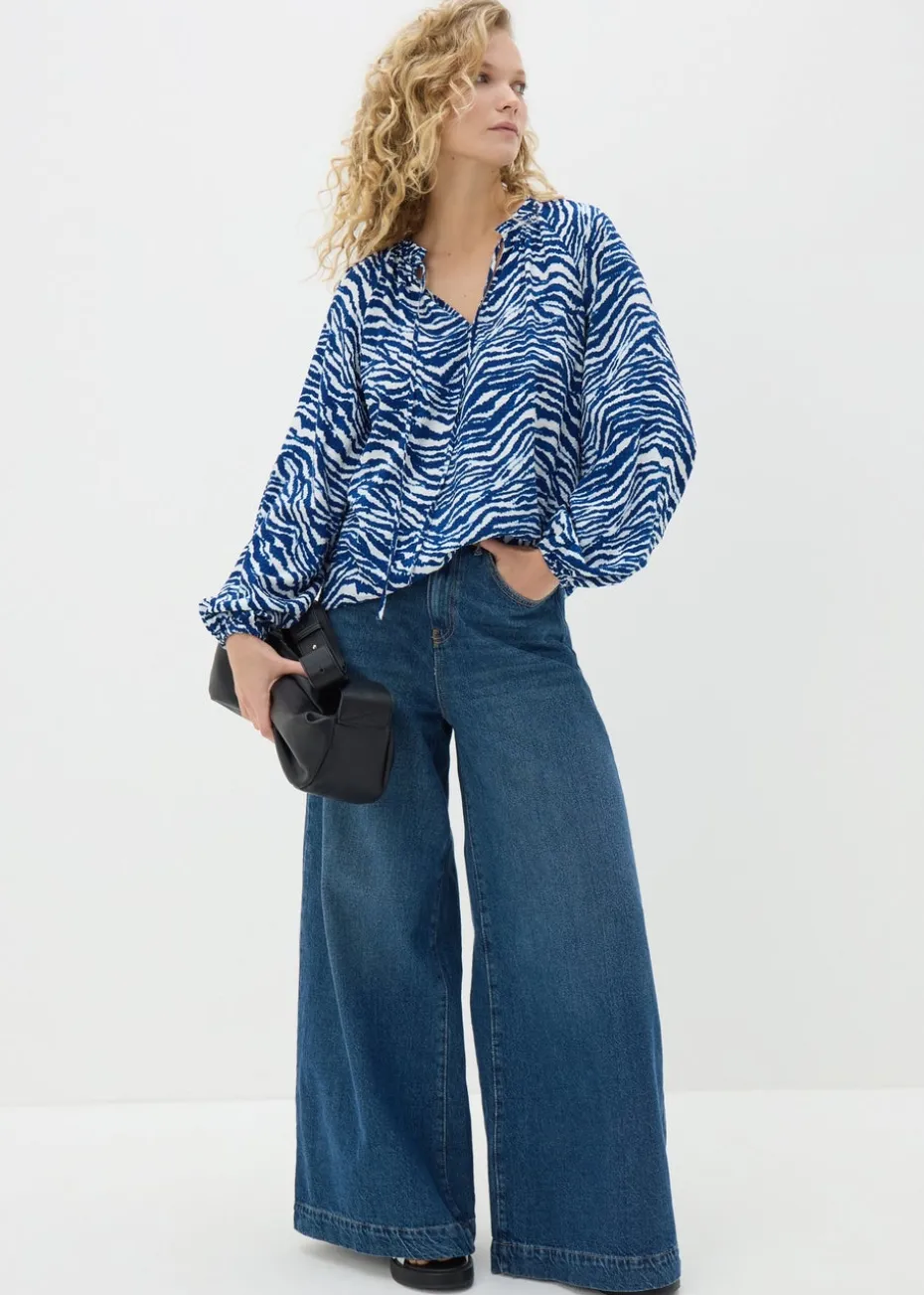 Blue Animal Print Tie Neck Blouse