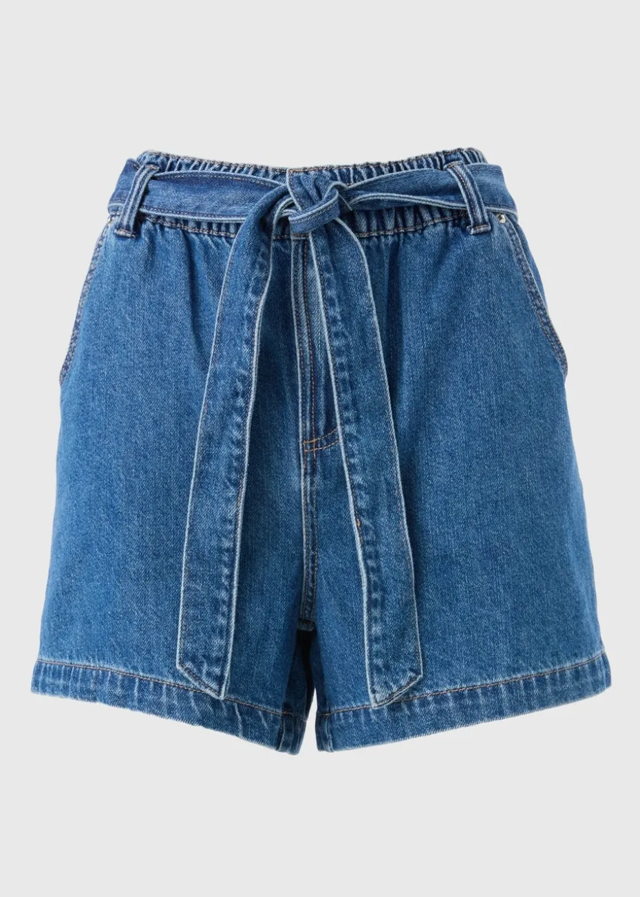 Blue Mid Wash Belted Shorts