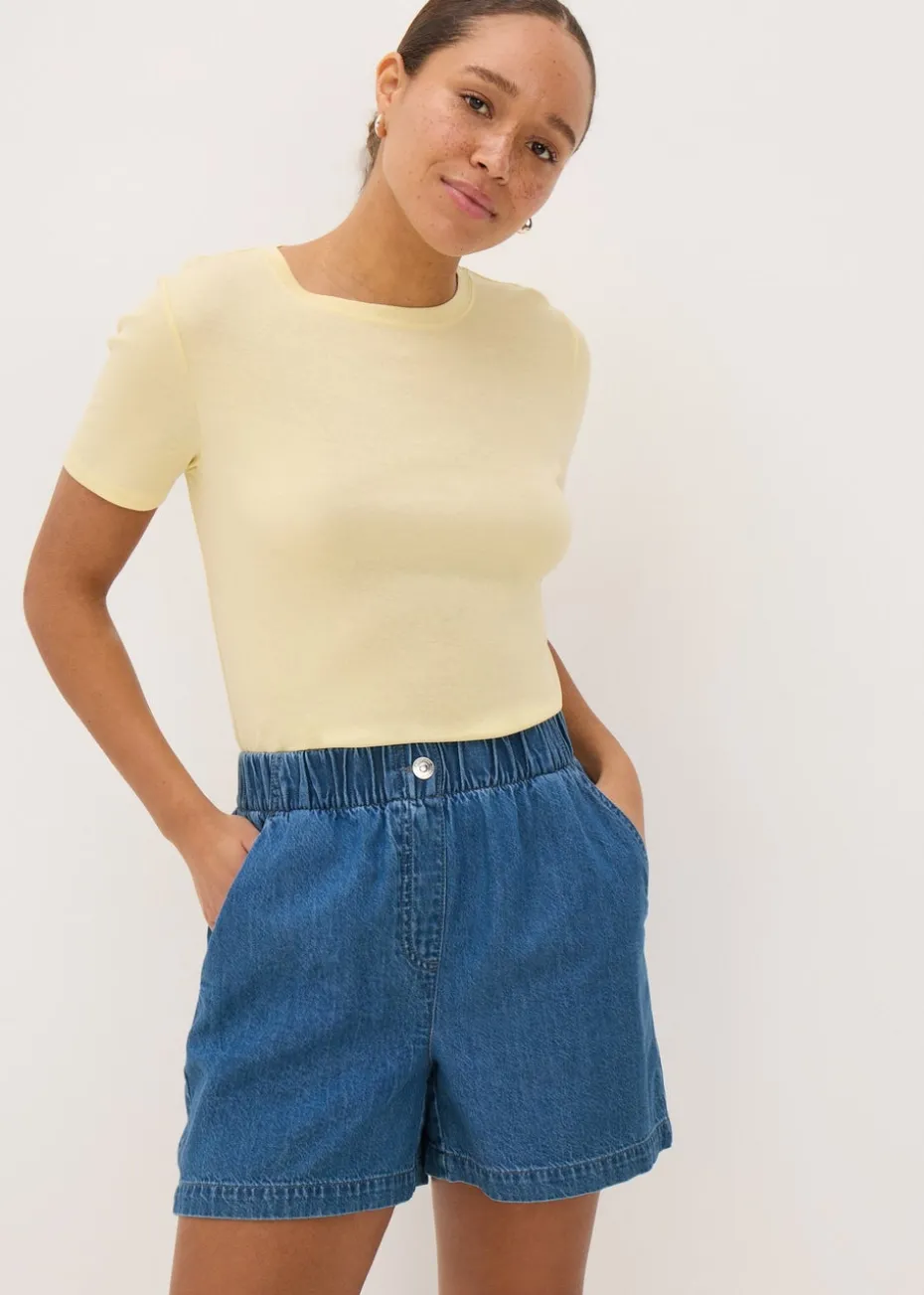 Blue Mid Wash Cotton Paper Bag Shorts