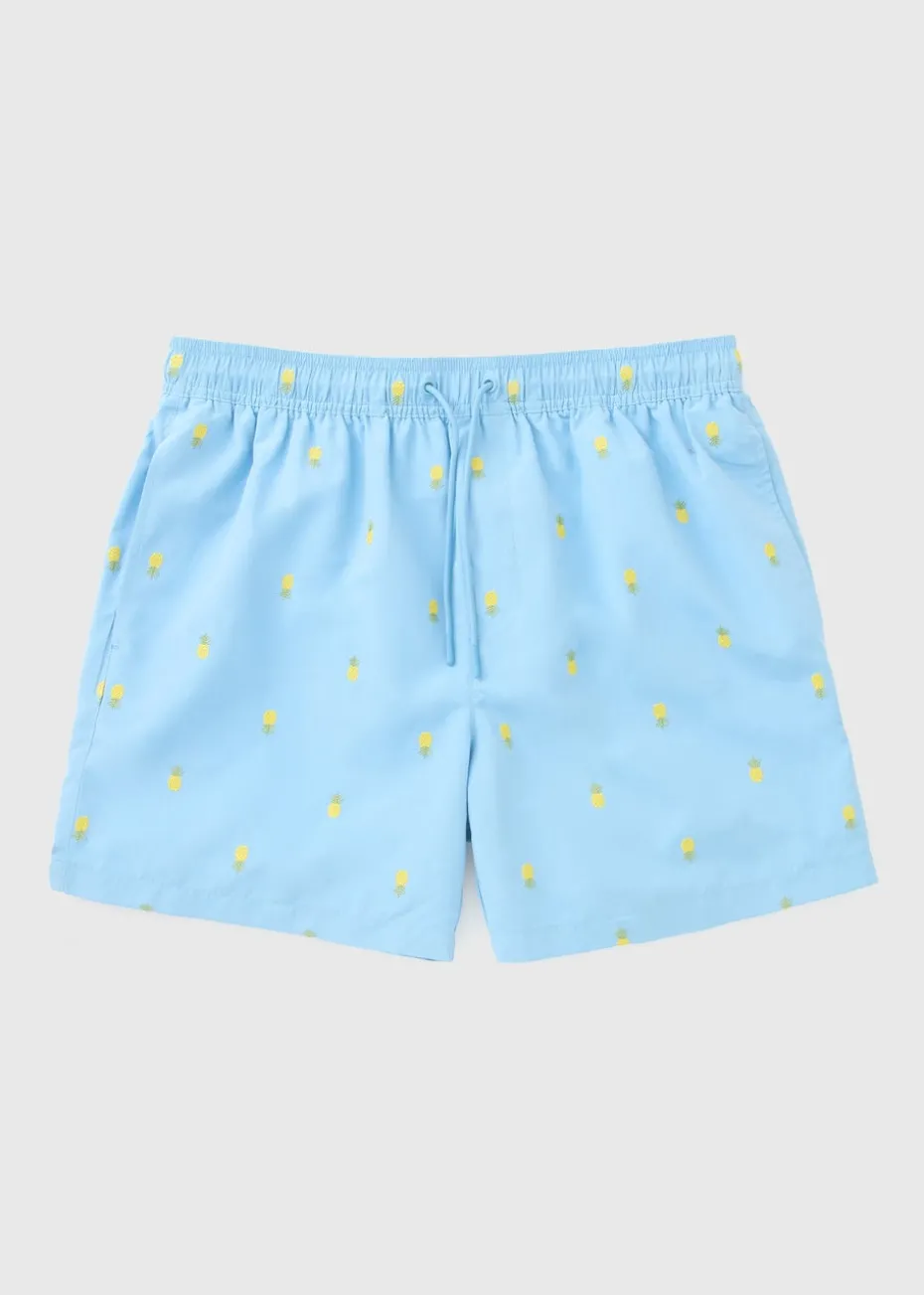 Blue Pineapple Embroidered Swim Shorts