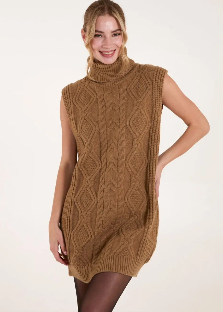 Blue Vanilla Beige Roll Neck Cable Knitted Oversized Sleeveless Jumper