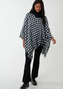 Blue Vanilla Black Check Roll Neck Poncho