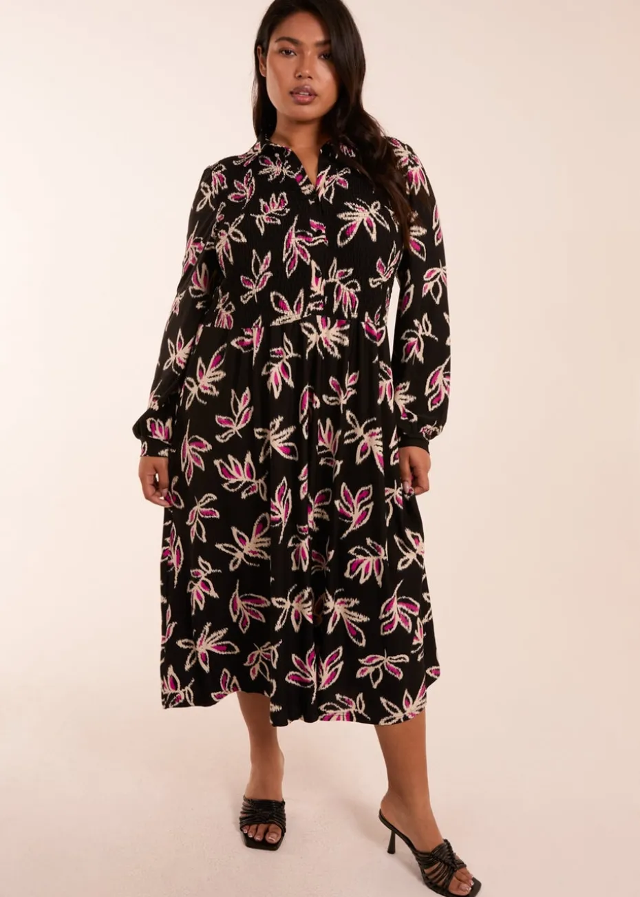 Blue Vanilla Black Curve Shirred Bust Long Sleeve Midi Shirt Dress