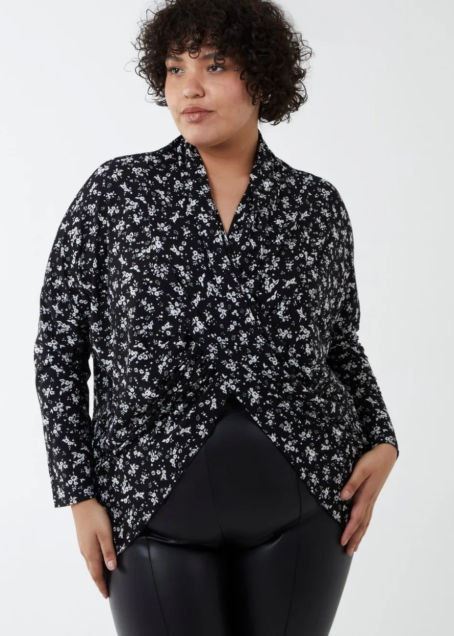Blue Vanilla Black Curve Draped Dip Hem Top
