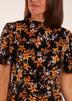 Blue Vanilla Black High Neck Angel Sleeve Floral Dress