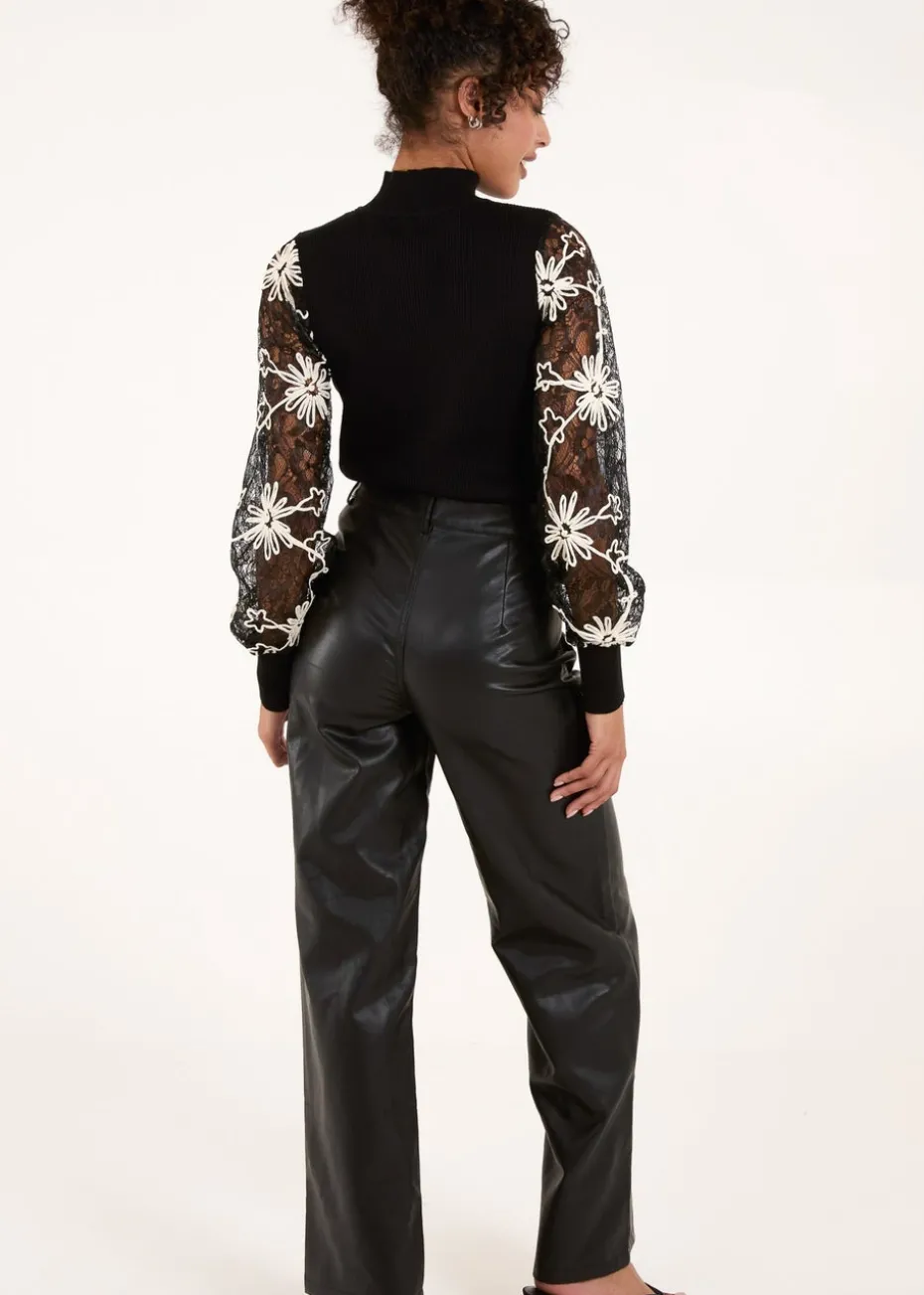 Blue Vanilla Black Lace Sleeve High Neck Jumper