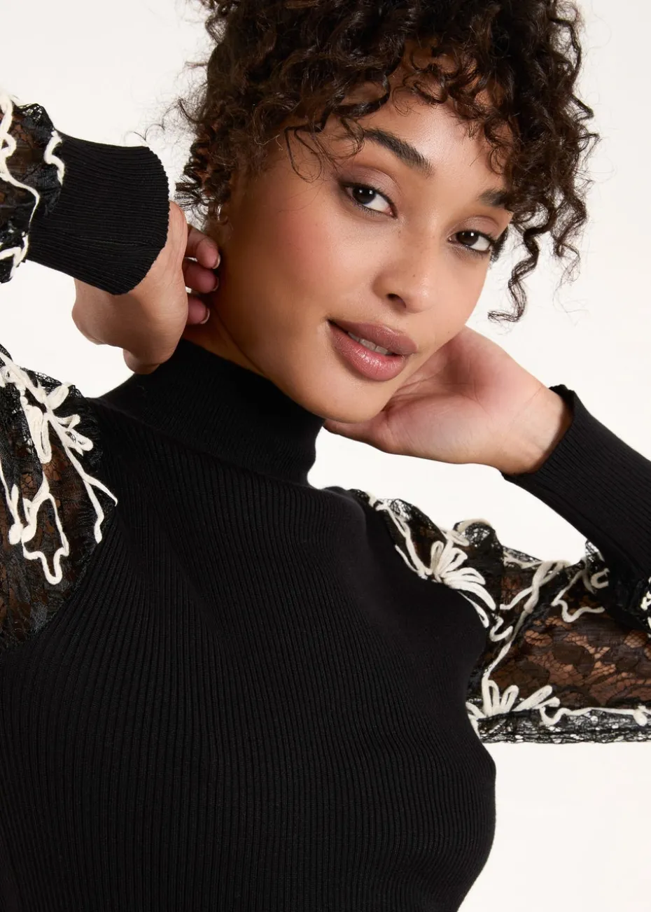 Blue Vanilla Black Lace Sleeve High Neck Jumper
