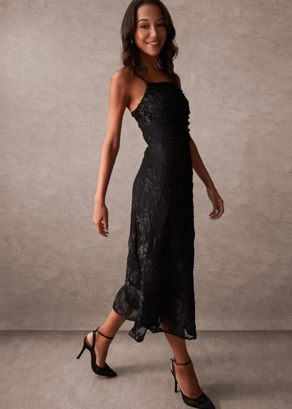 Blue Vanilla Black Luxe Ruched Devore Midi Dress