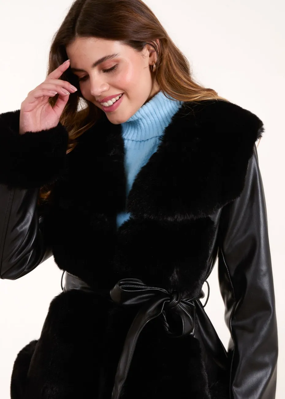 Blue Vanilla Black Panel Fur PU Belted Coat