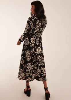 Blue Vanilla Black Shirred Bust Long Sleeve Midi Shirt Dress