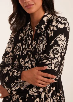 Blue Vanilla Black Shirred Bust Long Sleeve Midi Shirt Dress