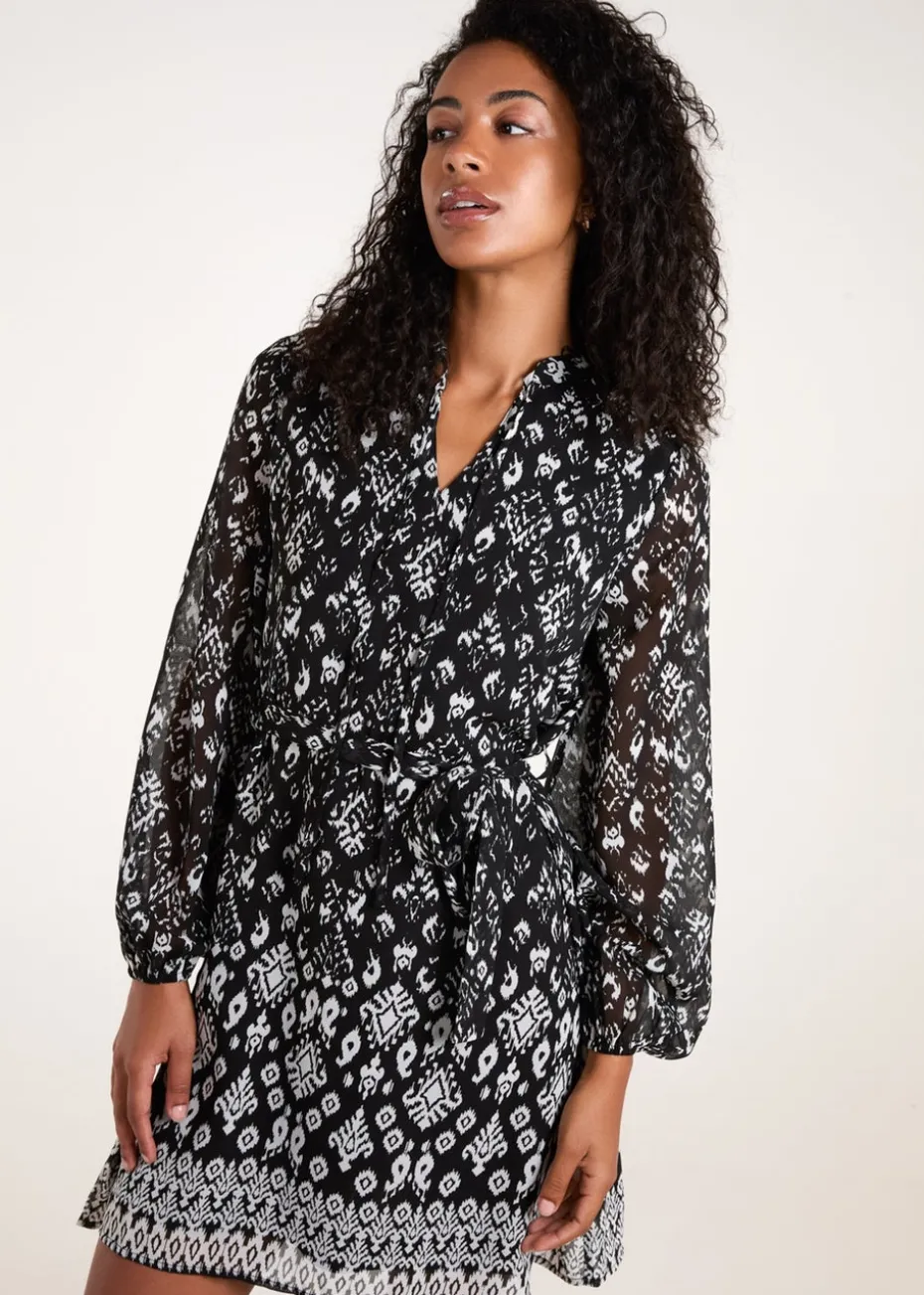 Blue Vanilla Black Tie Neck & Waist Mini Smock Dress