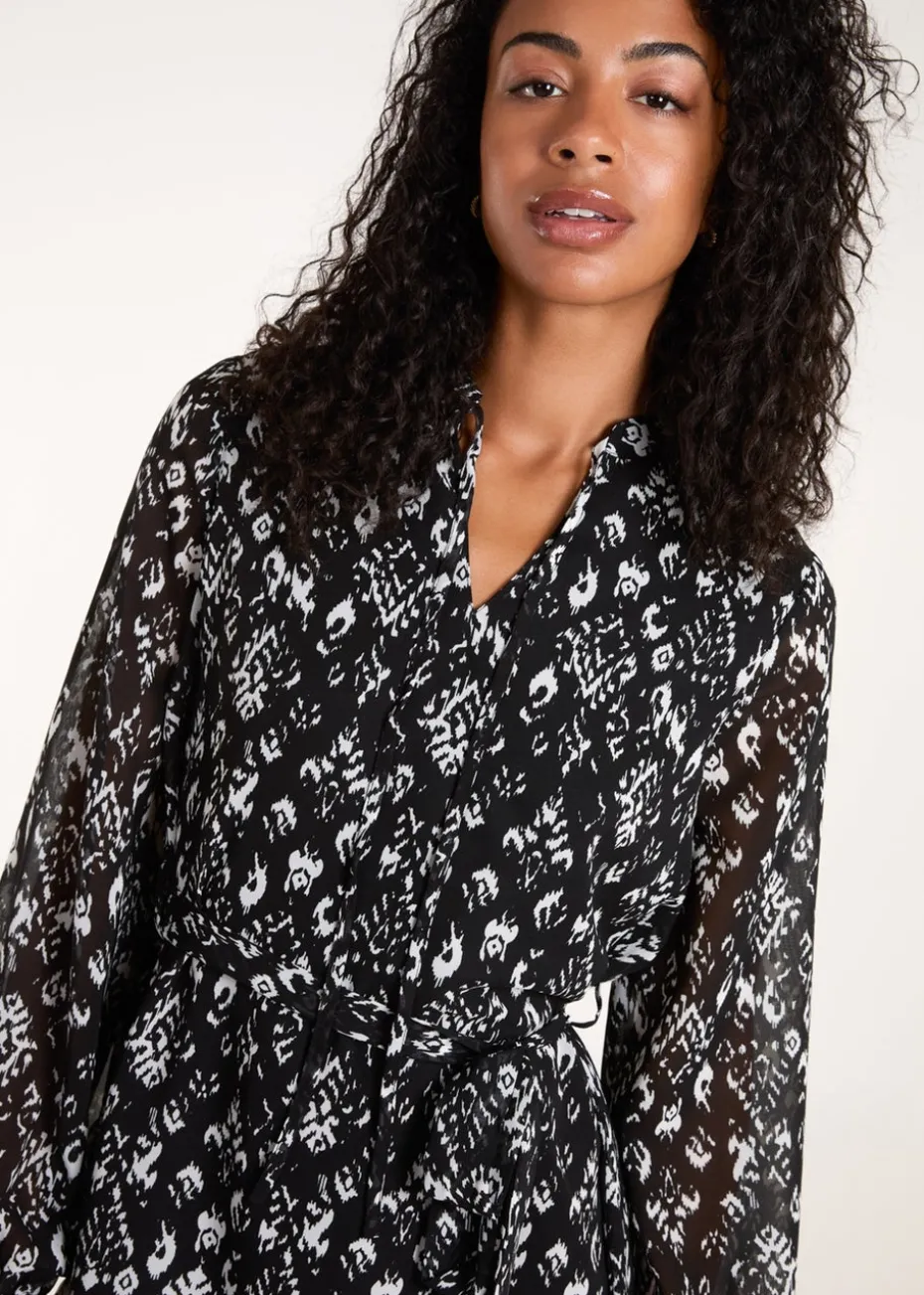 Blue Vanilla Black Tie Neck & Waist Mini Smock Dress
