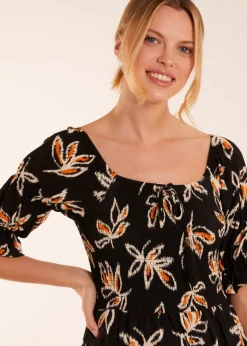 Blue Vanilla Black Tiered Puff Sleeve Abstract Print Shirred Midi Dress