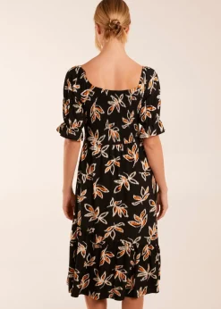 Blue Vanilla Black Tiered Puff Sleeve Abstract Print Shirred Midi Dress