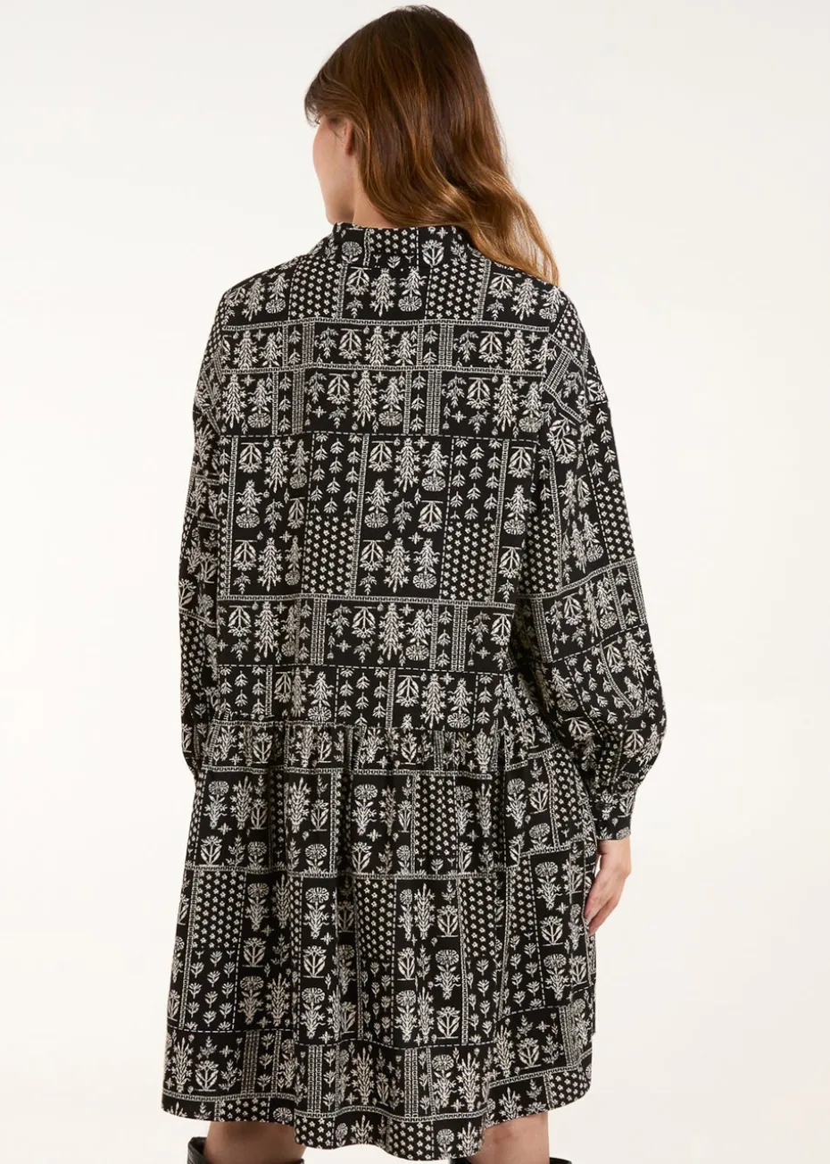 Blue Vanilla Black/White Printed Smock Shirt Dress
