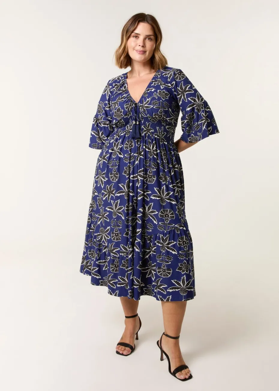 Blue Vanilla Blue Curve Elasticated V Neck Tassel Tie Midi Dress