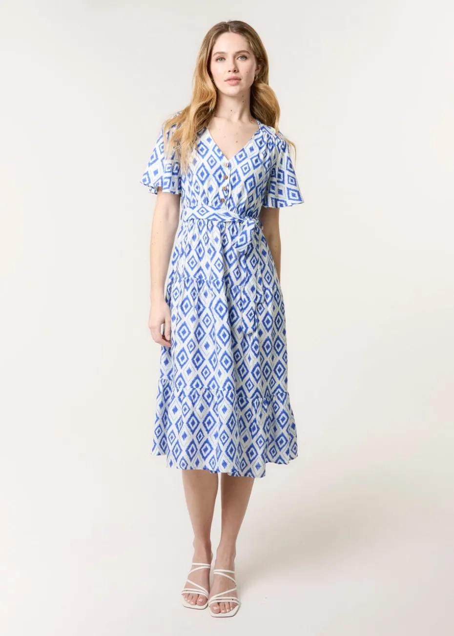 Blue Vanilla Blue Diamond Print Button Front Midi Dress