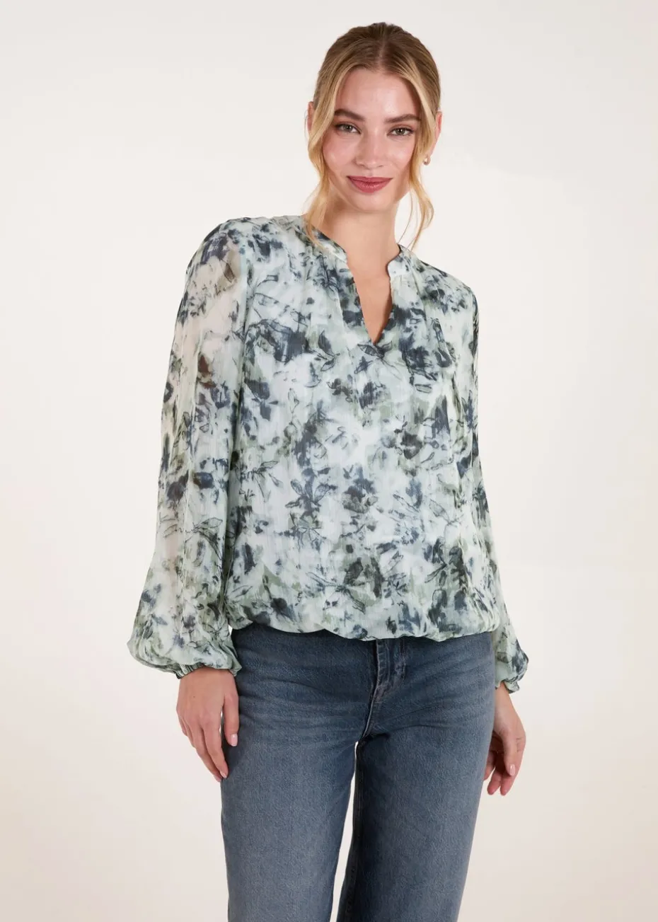 Blue Vanilla Blue Grandad Collar Puffball Watercolour Top