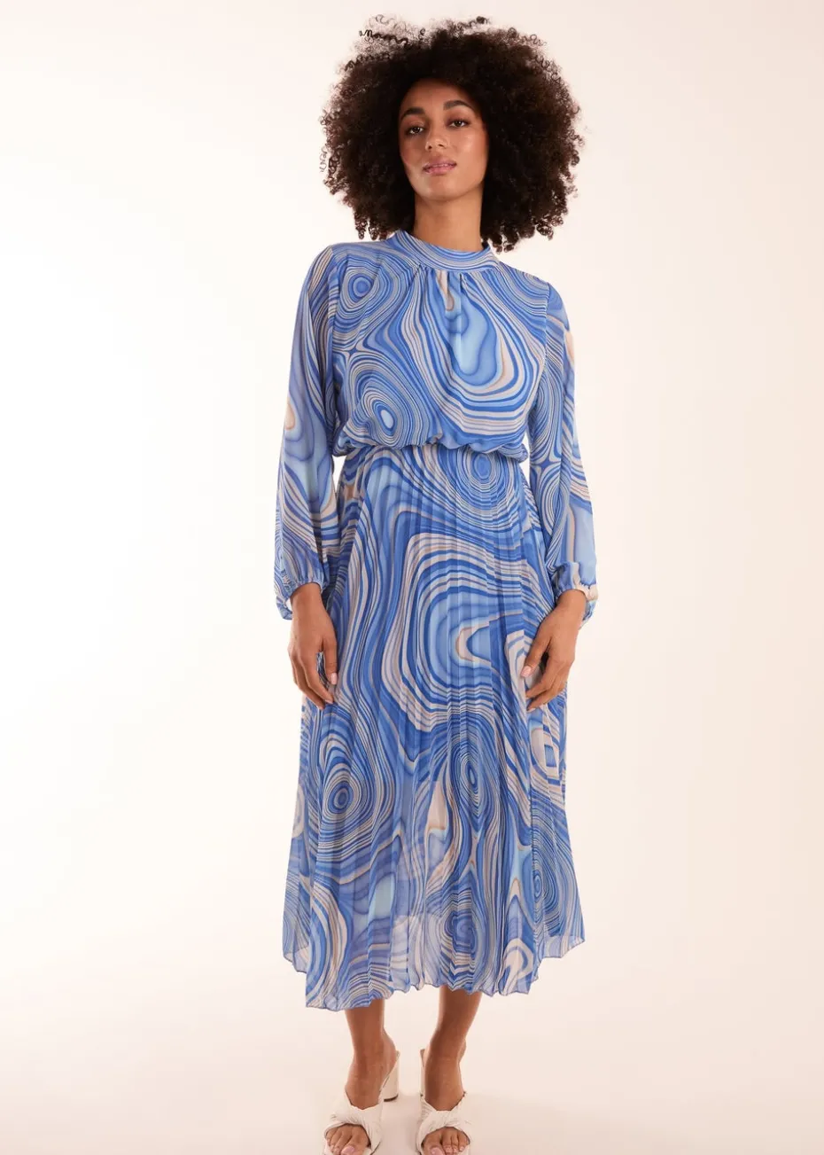 Blue Vanilla Blue Swirl Print High Neck Pleated Dress