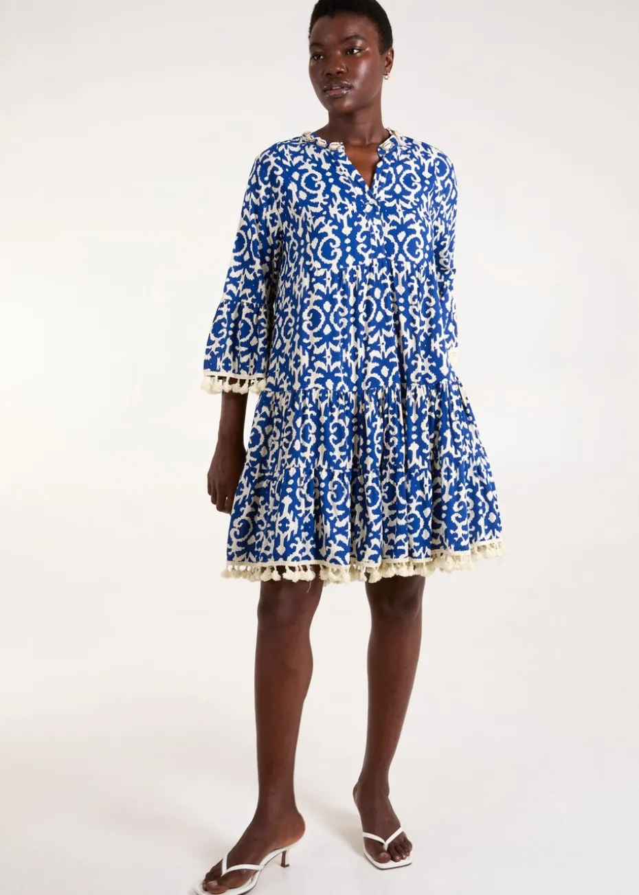 Blue Vanilla Blue Tassel & Shell Neck Smock Dress