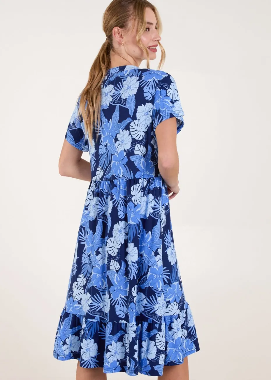 Blue Vanilla Blue Tropical V Neck Smock Style Tunic Dress