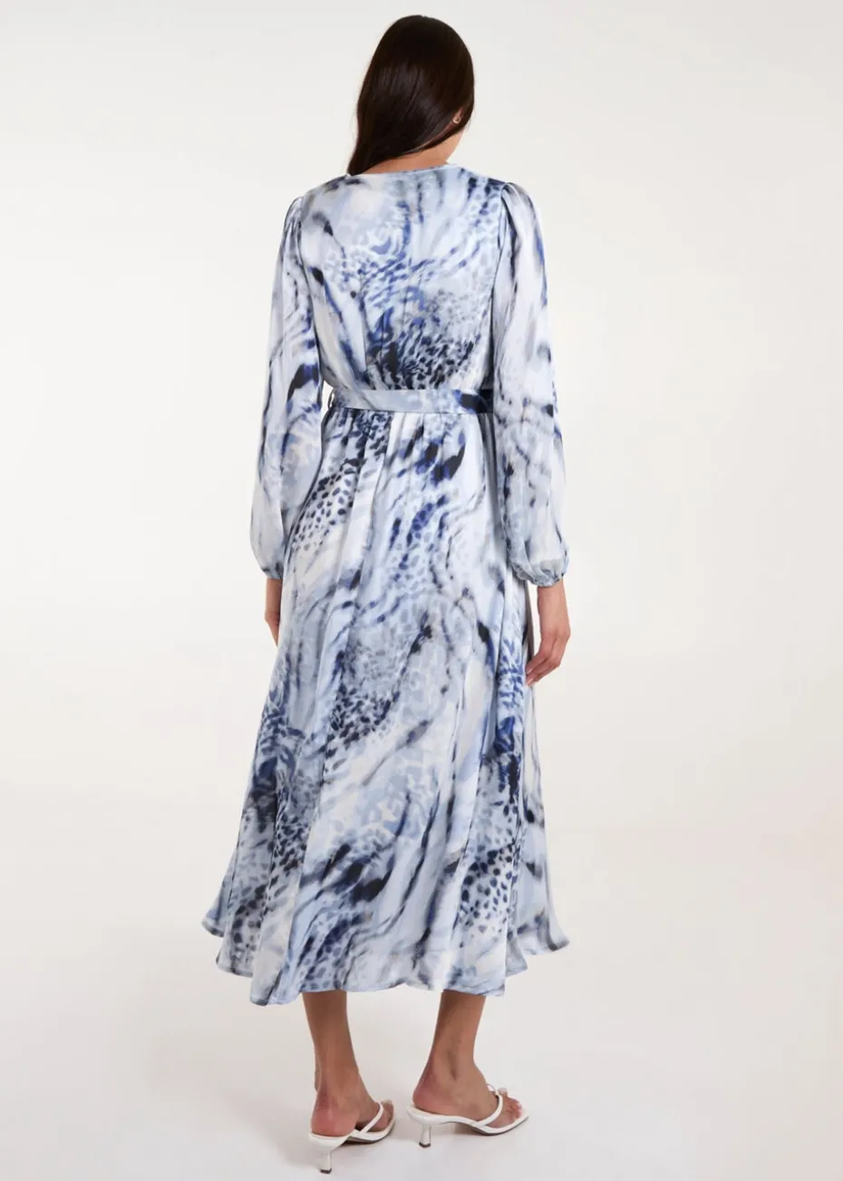 Blue Vanilla Blue Watercolour Wrap Front Belted Midi Dress
