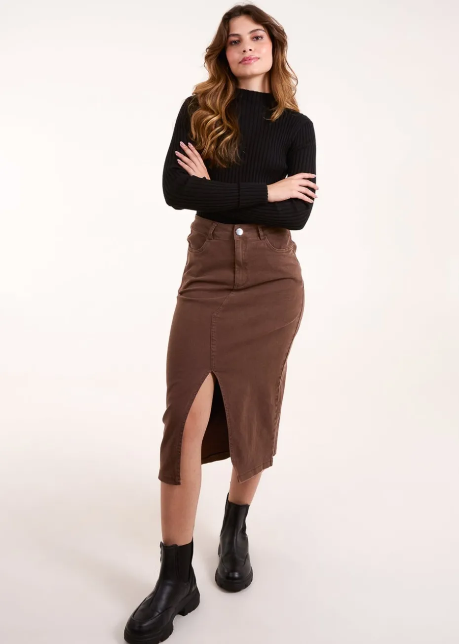 Blue Vanilla Brown Acid Wash Denim Mid Skirt