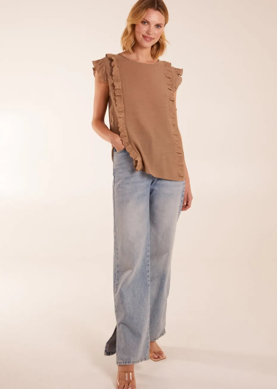 Blue Vanilla Brown Button Back Frill Top