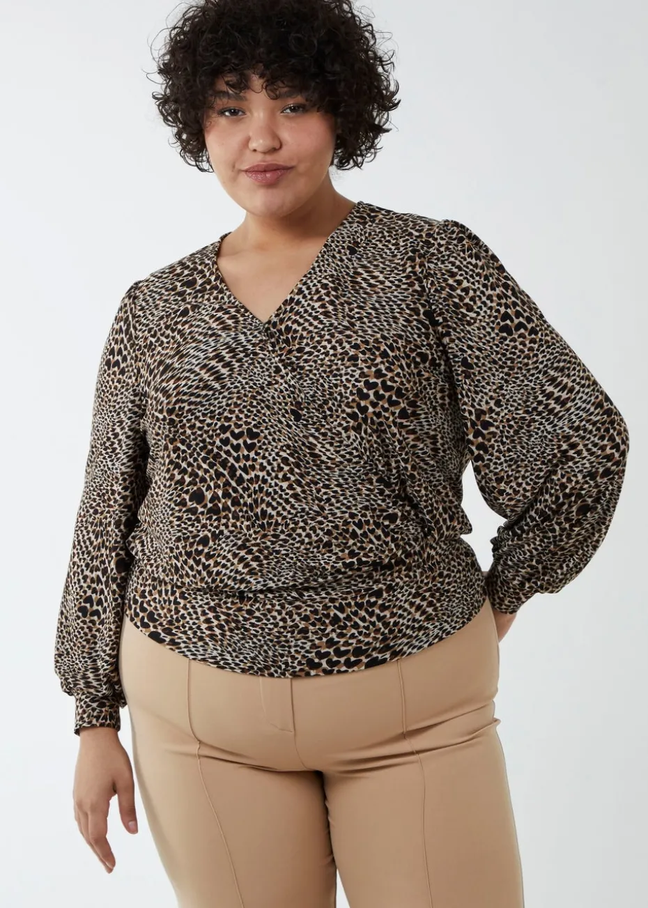 Blue Vanilla Brown Curve Wrap Front Deep Hem Band Top