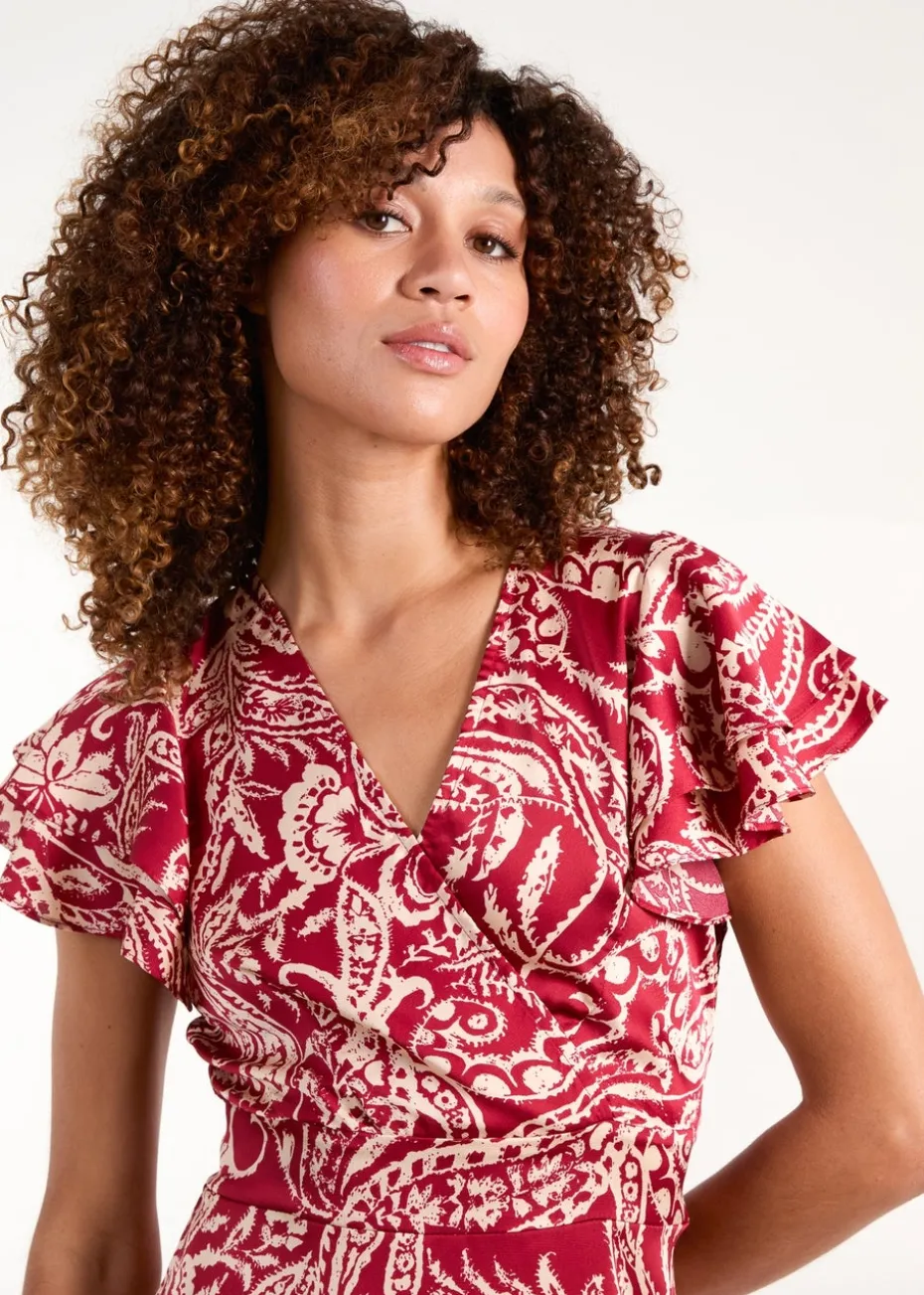 Blue Vanilla Burgundy Paisley Wrap Front Ruffle Sleeve Mini Dress