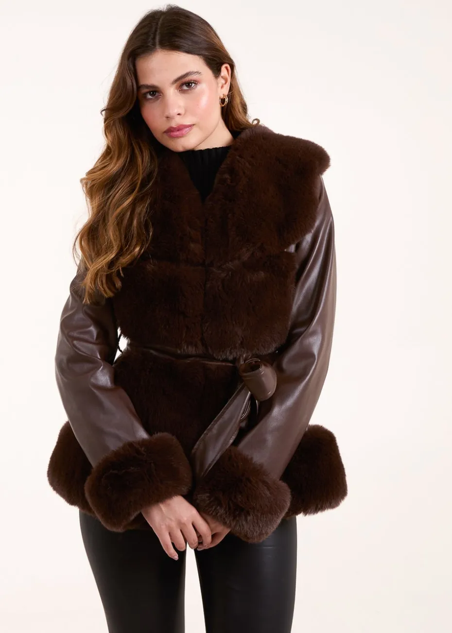 Blue Vanilla Chocolate Panel Fur PU Belted Coat