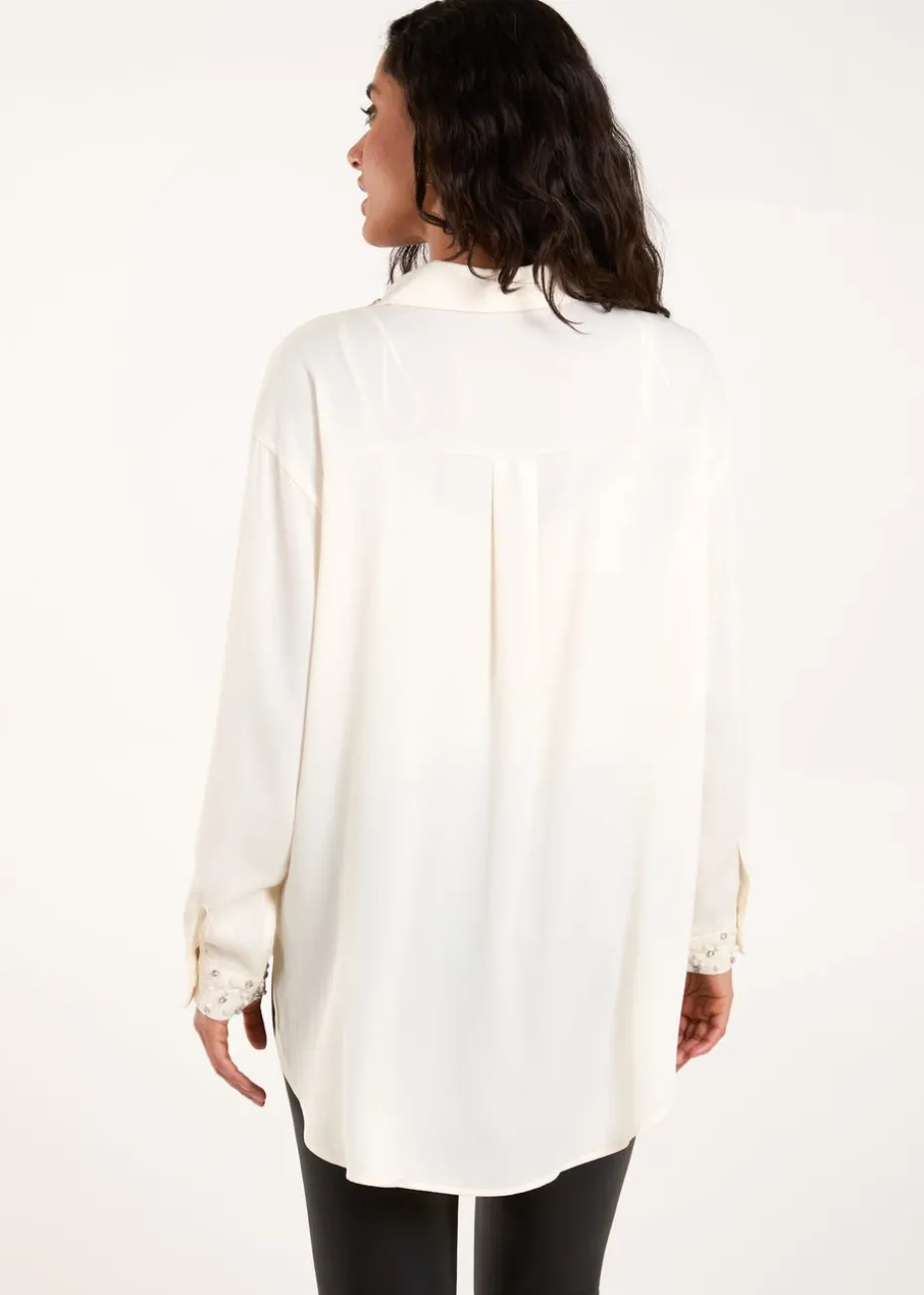 Blue Vanilla Cream Embellished Collar & Cuff Satin Shirt