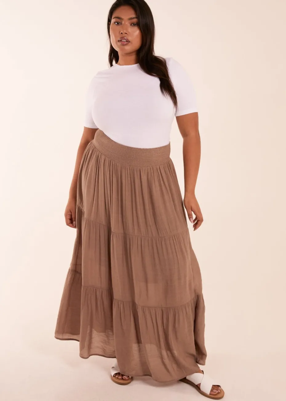 Blue Vanilla Curve Brown Tiered Shirred Maxi Skirt
