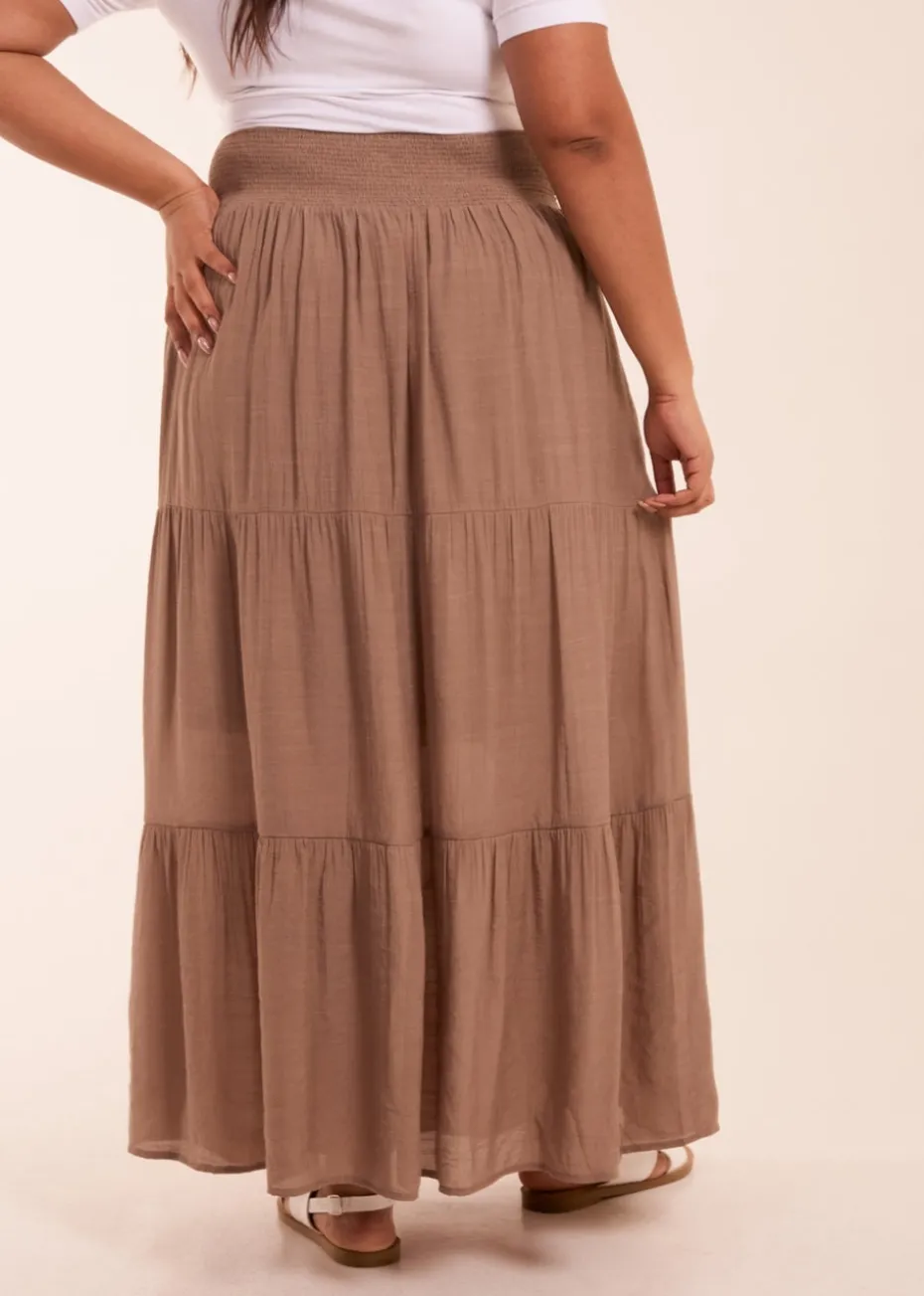 Blue Vanilla Curve Brown Tiered Shirred Maxi Skirt