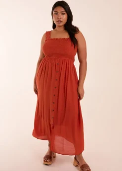 Blue Vanilla Curve Orange Shirred Bust Button Down Midi Dress