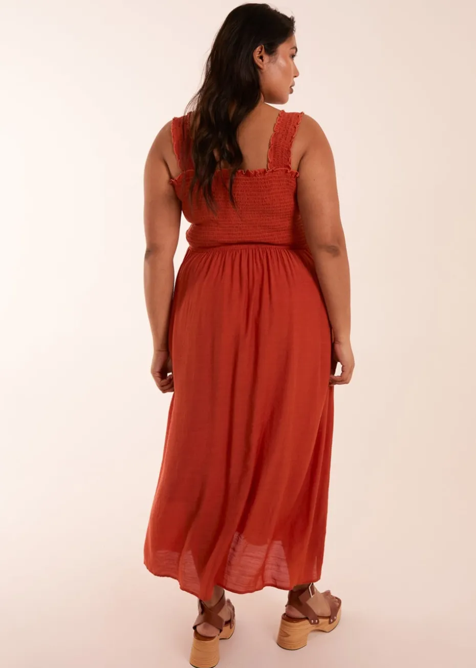 Blue Vanilla Curve Orange Shirred Bust Button Down Midi Dress