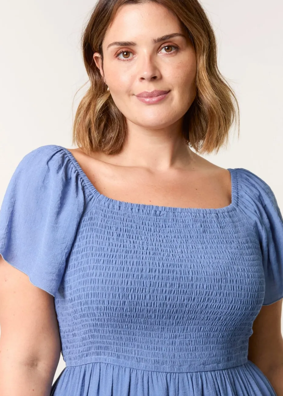 Blue Vanilla Denim Curve Flutter Sleeve Midi Dress