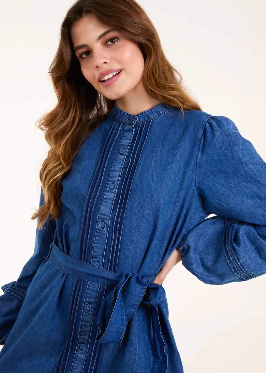Blue Vanilla Denim Pintuck Belted Chambray Dress
