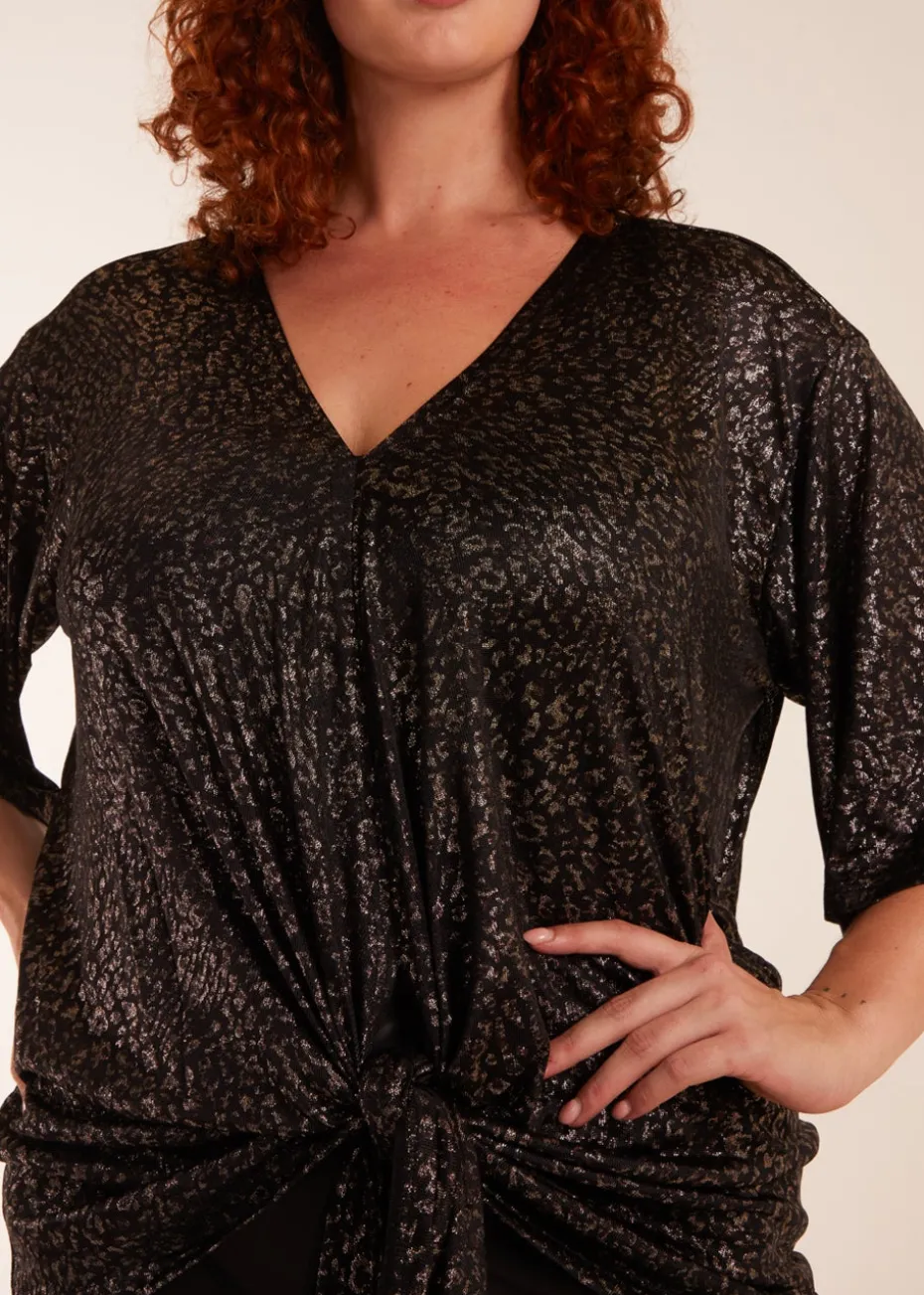 Blue Vanilla Gold Curve Leopard V Neck Tie Front Top