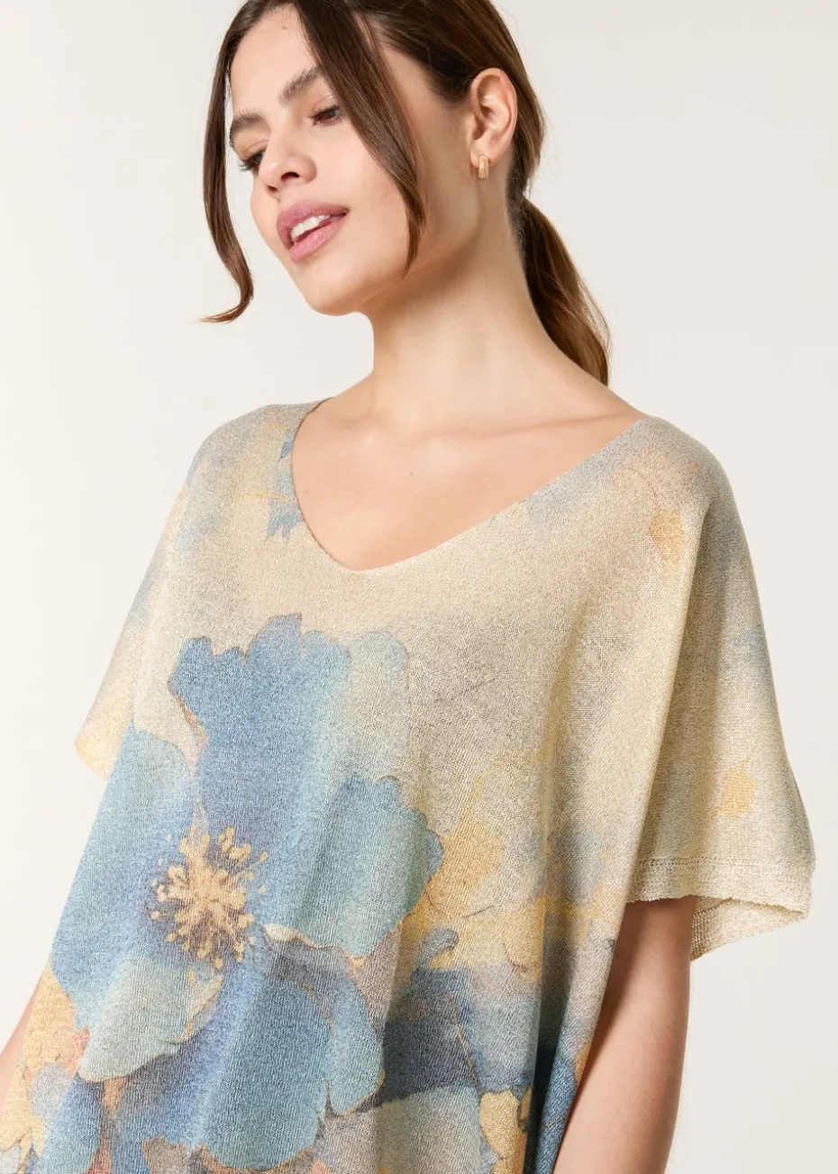 Blue Vanilla Gold Floral Shimmer Print Knitted Top