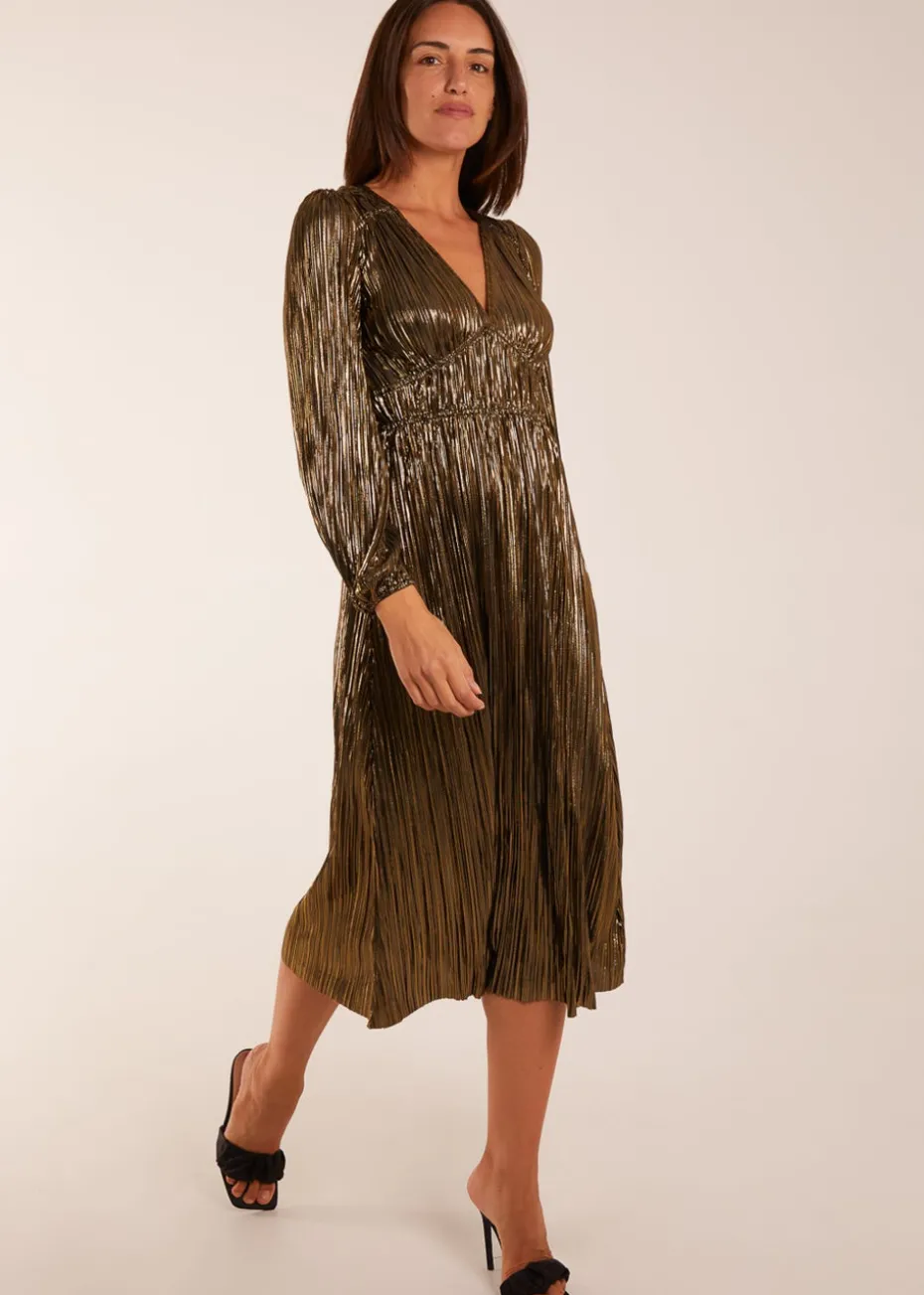 Blue Vanilla Gold Plisse V-Neck Elasticated Midi Dress