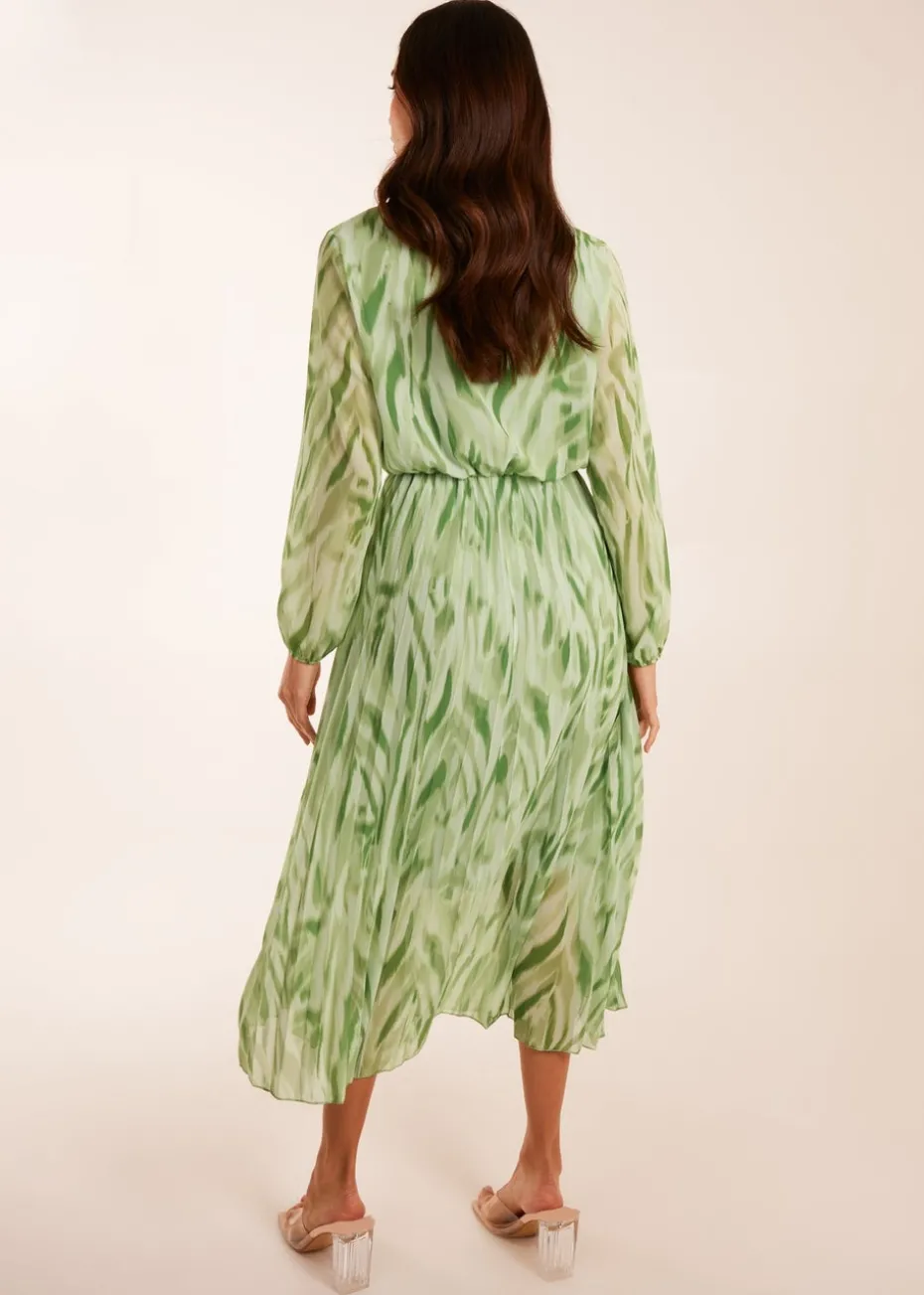 Blue Vanilla Green Abstract Wrap Pleated Midi Dress