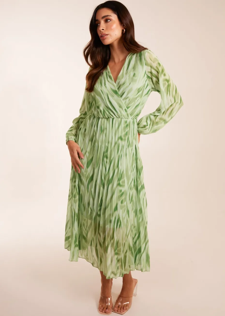 Blue Vanilla Green Abstract Wrap Pleated Midi Dress